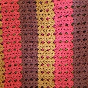 Vintage Handmade Crocheted Afghan brown, terra cotta and mustard yellow